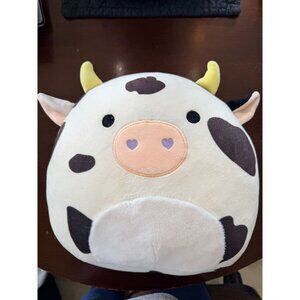 Cow Plush Toy With Heart Nose Black & White Spots Yellow Horns 12" Soft Stuffed